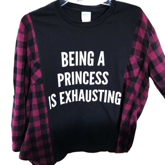 Reworked Flannel Tee, Size M-L: Upcycled Oversized Princess Graphic Pullover - Picture 1 of 11